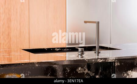 Modernes Küchenwaschbecken mit elegantem Wasserhahn und Marmorarbeitsfläche in stilvollem Interieur. Stockfoto