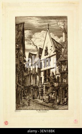 Rue des toiles, Bourges von Charles Meryon, n.d., zeigt eine enge mittelalterliche Straße, die mit Fachwerkhäusern und Figuren in einer französischen Provinzstadt gesäumt ist Stockfoto