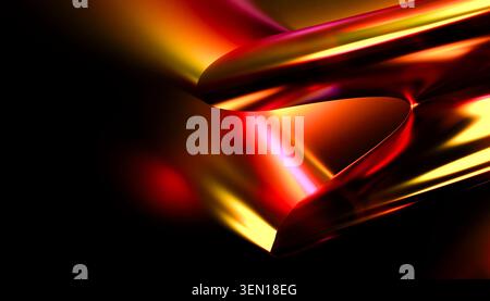 Abstrakte Komposition mit fließenden Metallic-Formen in lebhaften Rot- und Gelbtönen vor dunklem Hintergrund. Stockfoto