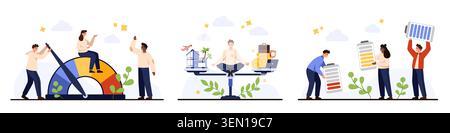 Menschen, die Lebensbalance, Stresslevel und persönliche Energie mit Messgeräten, Waagen und Batteriesymbolen für Wellness, Produktivität, geistige Gesundheit, Lebensstil isoliert auf weißer Vektor-Illustration verwalten Stock Vektor