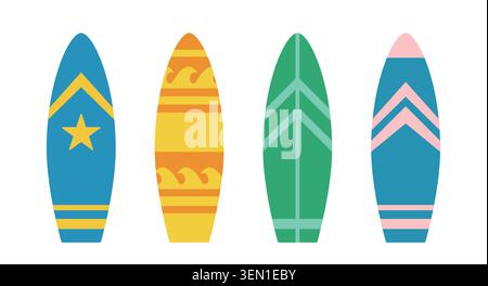 Summer Beach Surfboard Vektor Illustration Set. Farbenfrohe Surfboard Collection Flacher Clipart. Tropical Beach Urlaub Surf Board. Stock Vektor