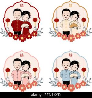 Niedliches chinesisches Brautpaar-Abzeichen und Rahmen-Set im minimalen Pastellstil, Braut und Bräutigam Banner-Kollektion mit doppeltem Glückssymbol Stock Vektor