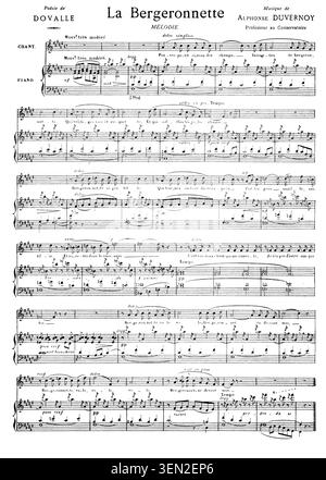 Noten, Partitur eines französischen Kunstliedes aus dem 19. Jahrhundert, La Bergeronnette (der Wagtail). Text von Charles Dovalle, Musik von Alphonse Duvernoy, Reproduktion eines Originals aus dem 19. Jahrhundert. Authentisch, Datei für optimale Verwendung wiederhergestellt, exaktes Datum des Originals unbekannt. Stockfoto