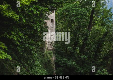 Die Wege und Ausblicke auf den Mönchsberg in der Mozartstadt Salzburg im Frühjahr. Im Bild: Befestigungen und Wehrturm des Festungsbergs. Stockfoto
