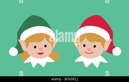 Satz von niedlichen Weihnachten Elfenkopf flache Stock Vektor-Illustration. Der Helfer des Weihnachtsmanns. Frohe Weihnachten und frohe Feiertage. Stock Vektor