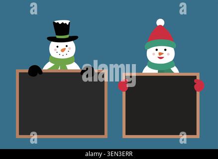Satz von Weihnachtsschneemann, der Tafelelement Vektor hält. Schneemann hält leere Vorzeigevektor-Illustration. Gut für Grußkarten, Poster. Stock Vektor