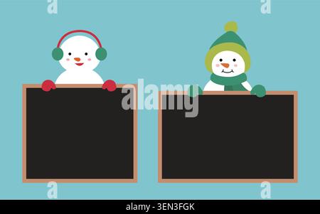 Satz von Weihnachtsschneemann, der Tafelelement Vektor hält. Schneemann hält leere Vorzeigevektor-Illustration. Gut für Grußkarten, Poster. Stock Vektor