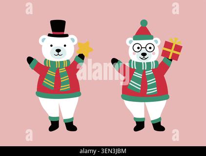 Satz von niedlichen weihnachtlichen weißen Eisbären Zeichen flache Vektor-Stock-Illustration. Eisbär im Klamotten-Clipart. Design für Grußkarte, Poster, Zoll Stock Vektor