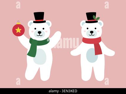 Satz von niedlicher Weihnachtspolarbär flache Vektor-Illustration. Eisbärenfigur trägt einen schwarzen Weihnachtshut. Gut für Grußkarten, Banner. Stock Vektor