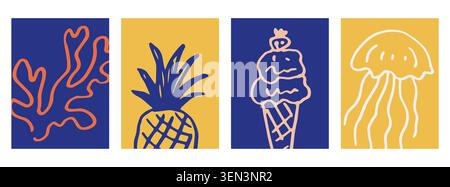 Kartenset mit Ananas, Eis und Quallen Stock Vektor
