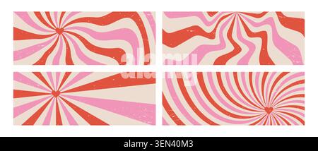 Wirbeln Sie groovige Starburst. Love Banner Set mit Herzen. Flippige Locken und Glanz. Psychedelische Plakatkollektion. 70er Jahre Retro Hintergrund Vektor Stock Vektor