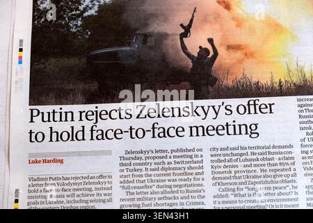 Wladimir „Putin lehnt (Wolodymyr) Zelenskyys Angebot ab, ein persönliches Treffen abzuhalten“, schlagzeilenartikel der Guardian-Zeitung, der 6. Juni 2026 in Großbritannien veröffentlicht wurde Stockfoto