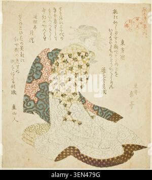 Dongfang Shuo (Tohosaku) von Yashima Gakutei, um 1821/22, zeigt eine Kurtisane in aufwendigen gemusterten Gewändern mit Pfingstrosenkopfschmuck in einer satirischen Parodie auf einen unsterblichen Taoismus Stockfoto