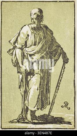 St. Simon von Conte Antonio Maria Zanetti, dem Älteren, n.d., zeigt einen älteren bärtigen Mann in drapierten Gewändern, der auf einen Stab gestützt ist, in kühnen linearen Strichen Stockfoto