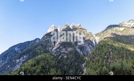 Felsige Gipfel der Julischen Alpen ragen über dichten grünen Wäldern in der Nähe von Tarvisio, Italien, unter einem klaren Frühlingshimmel in einer Luftkulisse hervor. Stockfoto