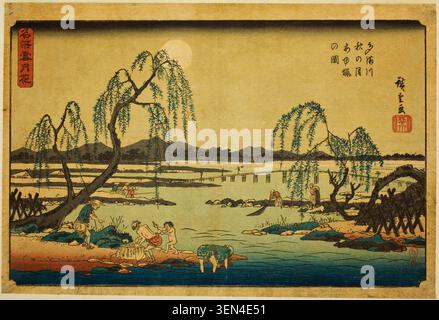 Süßfischfang im Tama River unter dem Herbstmond von Utagawa Hiroshige, ca. 1844/45, mit Figuren, die an einem mondbeleuchteten Ufer mit weinenden Weiden fischen und sich sammeln Stockfoto