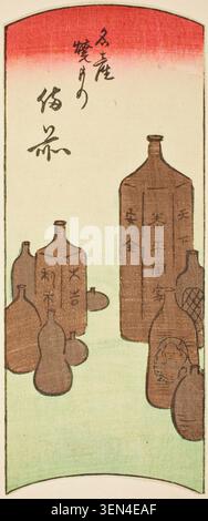 Bizen, Abschnitt des Blatts Nr. 14 aus der Serie Cutout Pictures of the Provinces von Utagawa Hiroshige, 1852, mit Keramikflaschen und Gefäßen mit Schriftzeichen Stockfoto