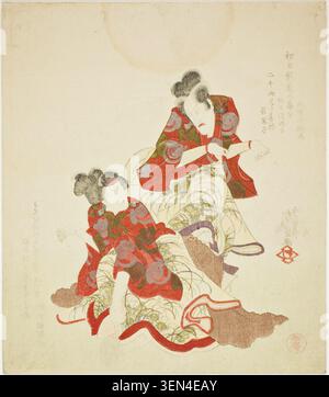 Die Schauspieler Ichikawa Danjuro VII als Takamoto no Kitsune und Segawa Kikunojo V als Izumi no Chieda-gitsune von Utagawa Kunisada I, 1818, die zwei Kabuki-Schauspieler in raffinierten roten Kostümen mit dekorativen Mustern darstellen, positioniert zwischen fließenden Bändern und natürlichem Laub Stockfoto