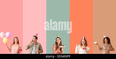 Vielfältige Gruppe fröhlicher junger Erwachsener, die Geburtstage mit Kuchen, Ballons und Partyhüten vor farbenfrohen Hintergründen feiern Stockfoto