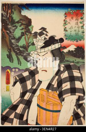Der Schauspieler Matsumoto Kinsho I als Igami no Gonta in Gontazaka, zwischen Hodogaya und Totsuka, aus der Serie Tokaido von Utagawa Kunisada I, 1852, die einen Kabuki-Darsteller in karierter Kleidung und verziertem Kopfschmuck neben einem Bergweg darstellt Stockfoto