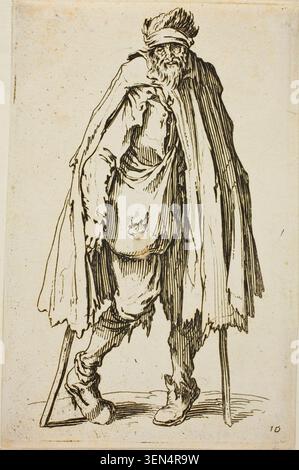 Beggar Leaning on a Stick, Platte 19 from the Beggars von Jacques Callot, um 1622, Darstellung eines älteren Mannes mit einem Gehstock und zerlumptem Mantel, dargestellt mit ausdrucksstarken Linienarbeiten Stockfoto