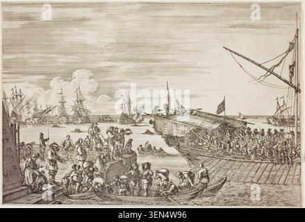 Le départ d'une Galère von Stefano della Bella, 1654, zeigt eine überfüllte Hafenszene mit zahlreichen Figuren, die in einer großen Galeere zwischen kleineren Booten und verankerten Booten steigen und abfahren Stockfoto
