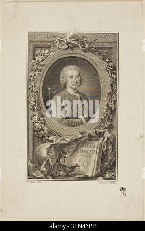 Jean Jacques Rousseau von Etienne Ficquet, 1764–72, graviertes Porträt des Philosophen in Dreiviertelansicht mit einem Kleid aus der Zeit, das in einem ovalen Zierrahmen mit Blumengirlanden und klassischen Symbolen verziert ist Stockfoto