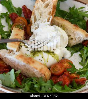Burrata-Käse mit Kirschtomaten, sonnengetrockneten Tomaten und Rucolasalat Stockfoto