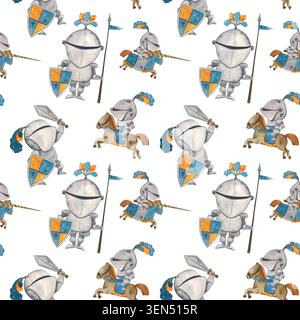 Mittelalterliche Ritter mit nahtlosem Muster, Zeichentrick. Handgezeichnete Illustration mit Aquarell. Zeichnung für Papier, Textil, Karten, Scrapbooking. Geschichte, Turnier Stockfoto