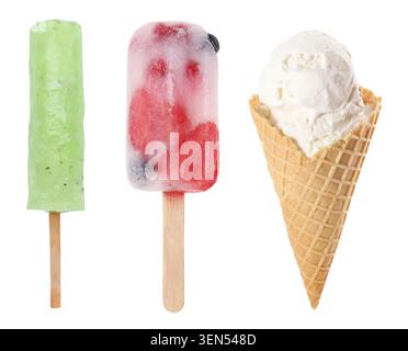 Leckeres Eis. Verschiedene Typen auf weißem Hintergrund, Set Stockfoto