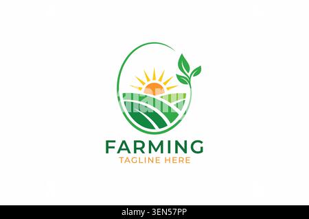 Moderner Sonnenaufgang Farmland Plantation Logo Design mit Blatt Kreis Landwirtschaft Feld Vektor Vorlage Stock Vektor