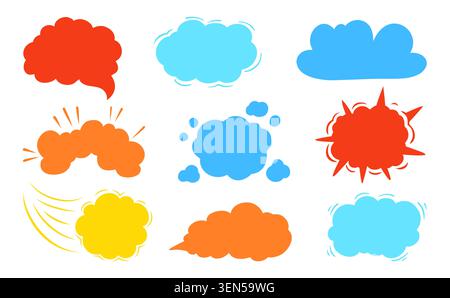 Pop-Art-Comic Retro-Wolke des Denkens oder Explosionsset. Silhouette Sprachblase Dialogwolken, Gedankenblöcken, Explosionseffekte. Vintage 80er Jahre 90er Jahre Zeichentrickaufkleber für Drucke. Vektorabbildung Stock Vektor