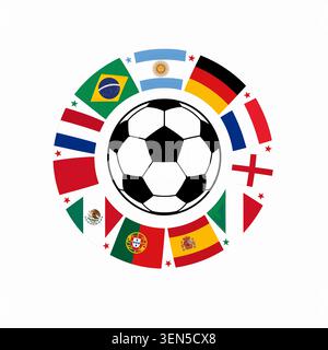 Fußball-Ball umgeben von internationalen Fahnen in einem Kreis Global Football Unity 2026 Vektor-Illustration mit Fußball-Ball und World Nation Fahnen Stock Vektor