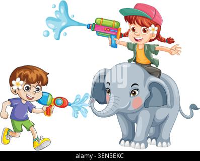 Karikaturvektor-Illustration von Kindern, die Wasserpistolen beim Reiten eines Elefanten auf weißem Hintergrund sprühen Stock Vektor