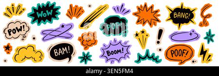 Comic-Boom-Zeichentrickaufkleber-Set. Handgezeichneter Comic-Boom-Aufkleber mit Papier-Scrapbook-Collage-Ausschnitten. Wow Sprachblase platzt Explosionsdialog Grunge zerrissene Elemente. Vektorabbildung Stock Vektor