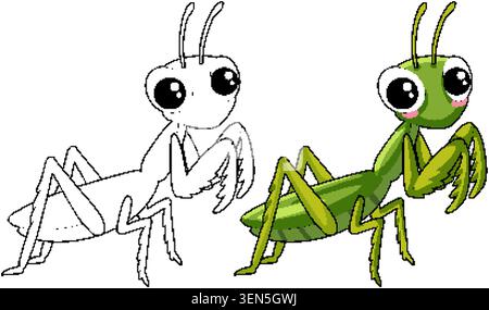 Grüne betende Mantis Vektor-Illustration mit einer schwarz-weißen Färbung Seite Version enthalten Stock Vektor