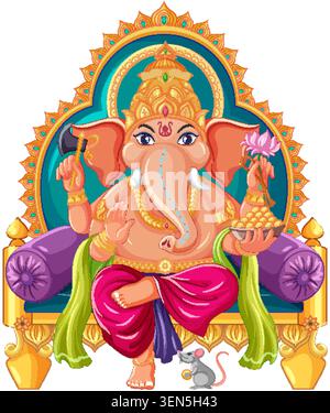 Detaillierte Vektor-Illustration von Ganesha sitzt auf einem Thron mit traditionellen Symbolen und Maus. Stock Vektor