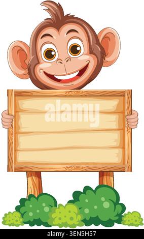 Fröhlicher Karikaturaffe hält leeres hölzernes Schild, steht hinter Büschen, helle Vektor-Illustration Stock Vektor