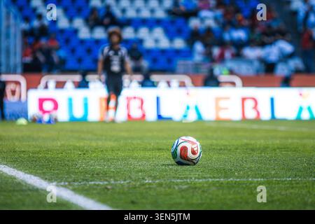 Der Trionda-Fußball ruht auf dem grünen Gras des Cuauhtemoc-Stadions in Puebla und ist bereit für das Spiel. Stockfoto
