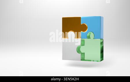 Vier Puzzleteile, die zu einem Quadrat verbunden sind. 3D-Jigsaw-Vektor-Rendering, Geschäftsteams gemeinsames Konzept. Realistisches Freizeitspiel, Teamwork-Strategie Stock Vektor