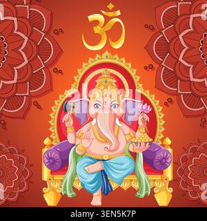 Vektor-Illustration der hinduistischen Gottheit Ganesha auf einem Thron mit traditionellen spirituellen Symbolen. Stock Vektor