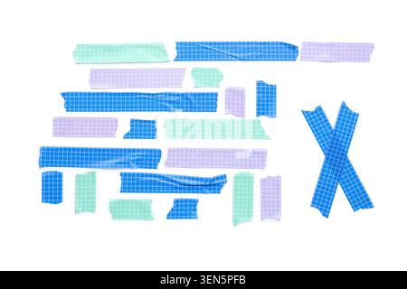 Bunte Washi-Klebebänder mit Gittermuster und abgerissenen Kanten, kreativen Bastelelementen und dekorativen Designelementen Stockfoto