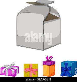 Eine Auswahl wunderschön verpackter Geschenke mit einem unzustellbaren Behälter zum Mitnehmen und drei verschiedenen kleineren Boxen, die Themen von Celebrati vermitteln Stock Vektor