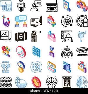 Symbole, die verschiedene Themen veranschaulichen, von Kommunikation, Gesundheit und Technologie bis hin zu Business, sozialen Interaktionen und abstrakten Konzepten Stock Vektor
