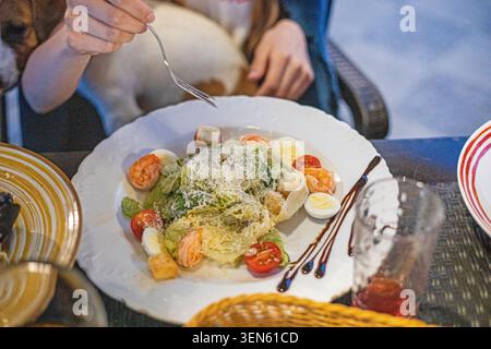 Ein Gemüsesalat mit Käse, Eiern und Garnelen. Caesar Salat. Stockfoto