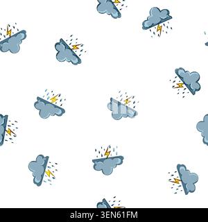 Muster graue Comic-Wolke, die Regen mit fallendem Blitz erzeugt, das schlechtes Wetter repräsentiert und natürliche Elemente für meteorologische Konstanz veranschaulicht Stock Vektor