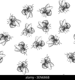 Nahtloses Muster Bumblebee-Strichzeichnung, die ein flauschiges Bestäuberinsekt in einem detaillierten, handgezeichneten Vintage-Skizzenstil zeigt, der die Natur repräsentiert Stock Vektor