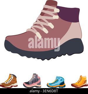 Sammlung von verschiedenen bunten Wanderschuhen und Wanderschuhen, die verschiedene Stile von Schuhen für Outdoor-Entdeckungen, Abenteuer und Comf veranschaulichen Stock Vektor