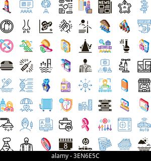Große Sammlung verschiedener Isometrien und Umrisssymbole, die verschiedene Konzepte wie Wirtschaft, Gesundheit, Technologie, Wissenschaft und Verschiedenes illustrieren Stock Vektor