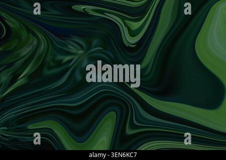 Leuchtendes Grün und Schwarz Acryl fluide Kunst Textur, abstrakter digitaler Marmorierhintergrund mit modernen Farbstrudeln Stockfoto